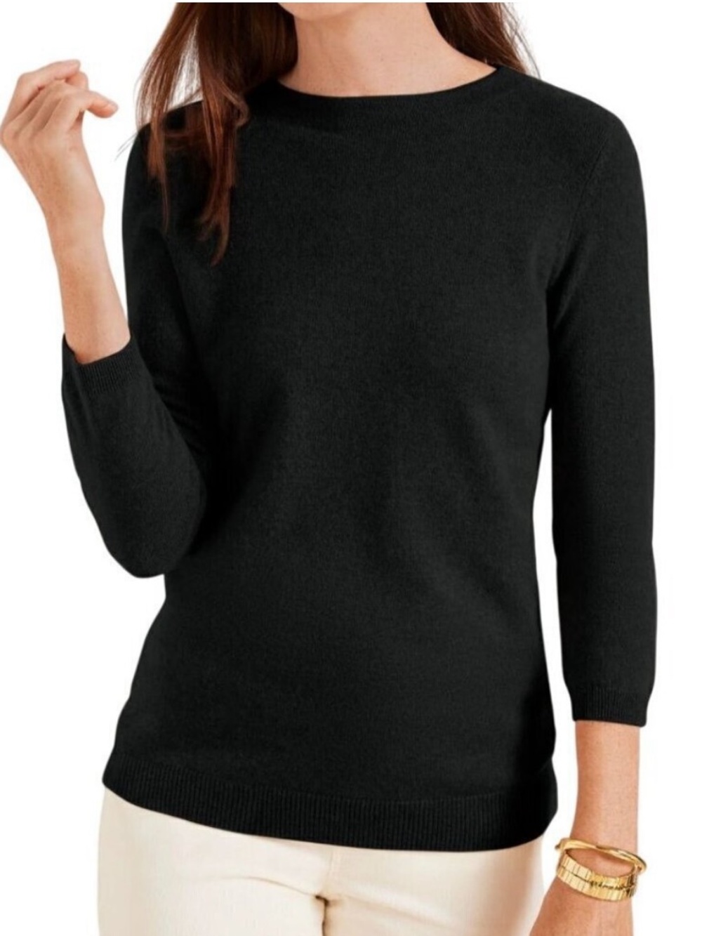 Talbots Classic Black Pure Cashmere Crewneck Sweater Three Quarter Sleeve